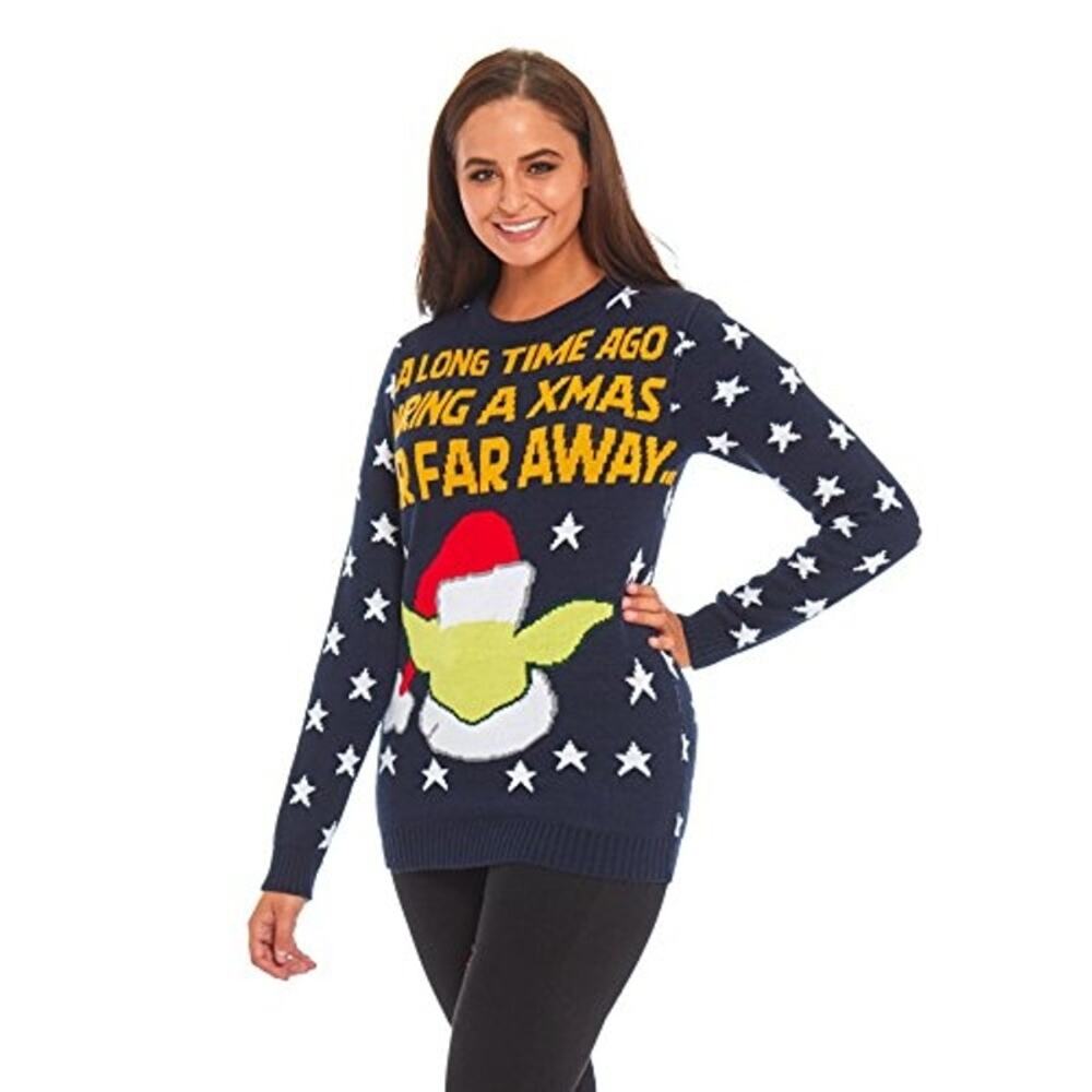 Merry Christmas Women's Holiday Sweater Blue Star Print Baby Yoda Pullover SZ M